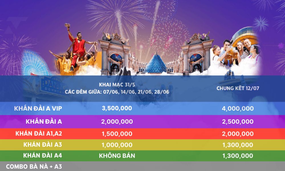 Bảng giá vé và hạng khán đài A, VIP cho các đêm thi đấu của lễ hội pháo hoa Đà Nẵng từ 31/05 đến 12/07