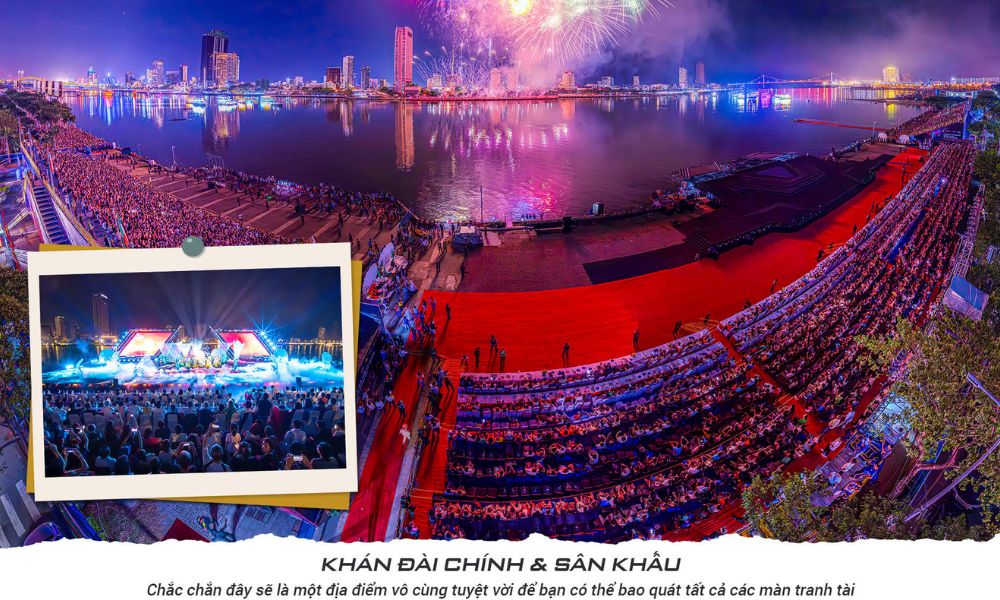 Toàn cảnh khán đài chính và sân khấu của lễ hội pháo hoa Đà Nẵng, nhìn ra sông Hàn lấp lánh và pháo hoa rực rỡ.